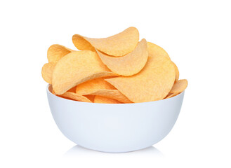 Potato chips bowl on a white background with natural reflection and shadows