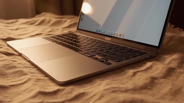 Cozy workspace featuring a modern laptop open on a rumpled linen bedsheet illuminated by warm light perfect for remote work freelancing or creative projects