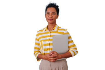Professional woman standing confidently, holding laptop, representing business innovation and entrepreneurship on transparent background