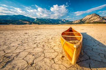Remote wooden boat on cracked dry lakebed with mountain backdrop and bright blue sky