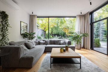 Modern living room with a large sectional sofa and a panoramic view of a lush green garden through floor to ceiling windows