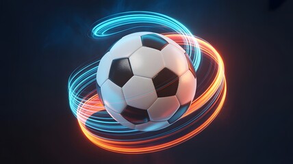 Energetic soccer ball with glowing blue and orange light trails against a dark background