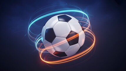 Dynamic soccer ball illuminated by vibrant neon light trails on a dark background