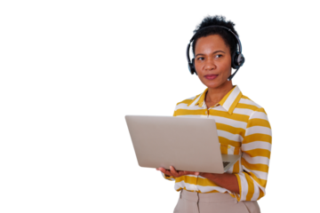 African american woman working as a customer service representative, telemarketer, or online educator, holding a laptop
