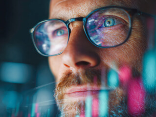 Man wearing glasses focused on analyzing colorful financial charts and data reflections on the screen in a dark environment for investment insight