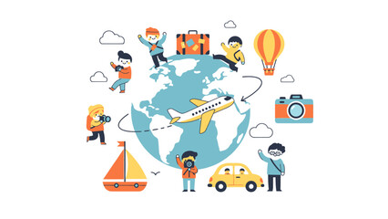 Fototapeta premium Global Travel and Adventure Icons Depicting World Exploration Activities