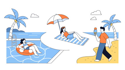 Fototapeta premium Relaxing summer day at the pool and beach with friends and ice cream