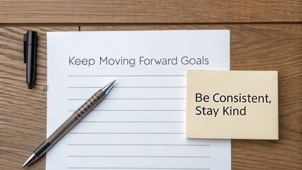 Checklist paper titled Keep Moving Forward Goals with pen