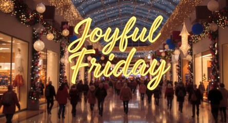 Joyful Friday Shopping Mall Decor with Festive Christmas Decorations and Warm Lighting