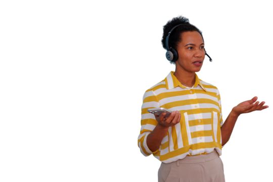 Black woman working in call center, wearing headset, speaking and assisting customers, holding mobile phone, transparent background - Powered by Adobe