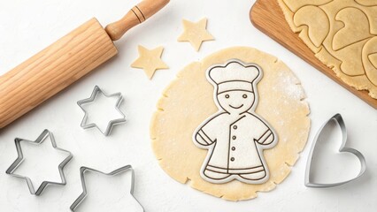 Chef shaped cookie cutter on dough with star shapes