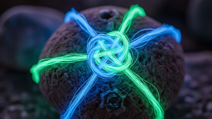 Mystical glowing interwoven threads illuminate a textured sphere, suggesting energy and connection.