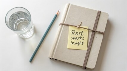 Closed notebook with pencil and glass of water