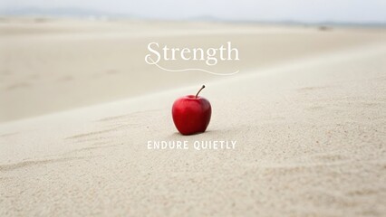 Red apple on sandy beach with strength message