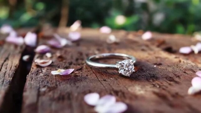 A close-up shot beautifully showcases a sparkling solitaire diamond ring with a gleaming silver band, elegantly positioned on a textured, weathered wooden surface. Delicate pink and white flower petal