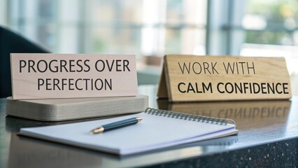 Desk with notepad pen and motivational quotes displayed