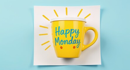 Bright Yellow Coffee Mug with Happy Monday Message on Light Blue Background