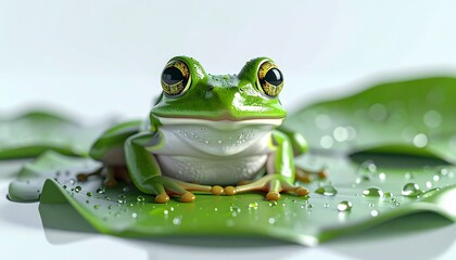 A detailed close-up shot of a vibrant green frog resting on a glossy lotus leaf covered in dew drops, showcasing its texture and eyes