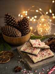 Peppermint bark with candy cane sprinkles beside pinecones and fairy lights