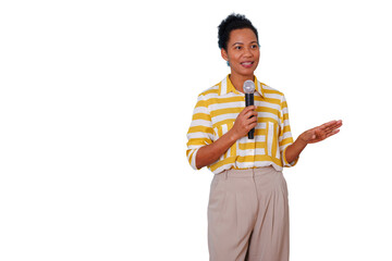 Woman speaker holding microphone presenting during a conference or business event on transparent...
