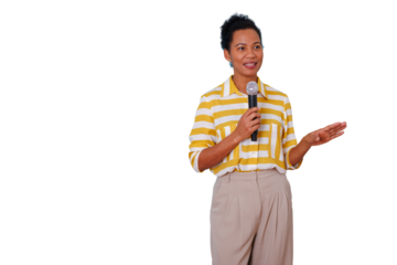 Woman speaker holding microphone presenting during a conference or business event on transparent background