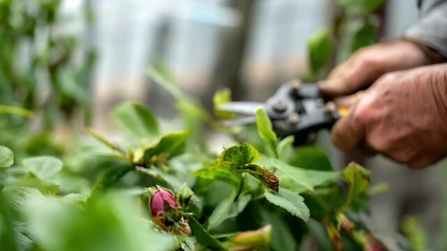 Gardeners hands carefully refining electric pruning shears blades on a rotary sharpener showcasing efficient sharpening process.