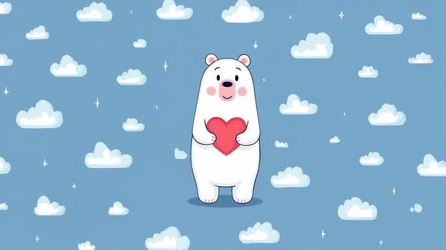 Cute white cartoon bear holding red heart on blue background with clouds and stars, flat vector design