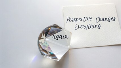 Crystal prism reflecting the word again beside perspective