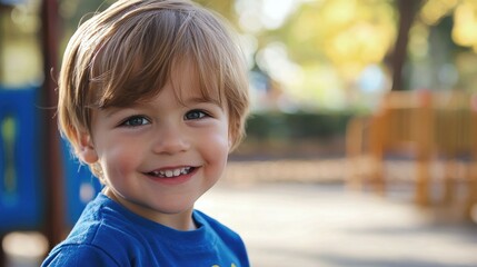 A young boy with blonde hair smiling at the camera on a playground with a blue and yellow playground structure in the background.