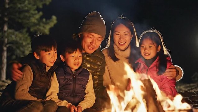 Family Campfire Story Time: A loving family gathers around a crackling campfire under the night sky, sharing stories and laughter. Capturing the warmth, togetherness.