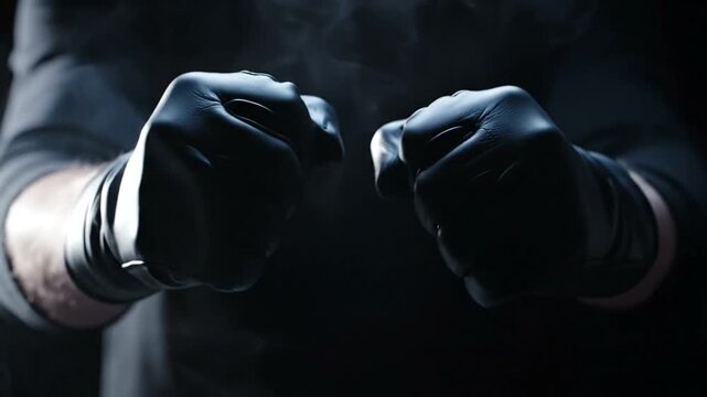 Closeup of a persons hands wearing black gloves preparing for a task in a dimly lit environment.