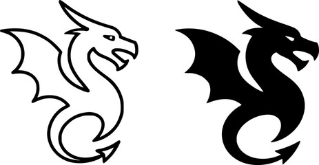 Simple icon, dragon illustration, black and white, outline and silhouette versions © Nurhalimah