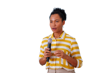 Young black woman public speaking, holding microphone and communicating message with transparent background