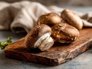 A close up view of fresh mushrooms placed on a rustic wooden cutting board, showcasing their rich texture and earthy colors.
