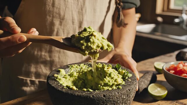 Person prepares guacamole using molcajete and pestle in kitchen. Fresh guacamole made in stone mortar with avocado. Kitchen cooking with molcajete pestle and guacamole. Homemade avocado dip.