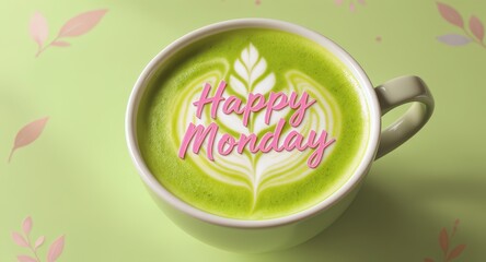 Green Matcha Latte Cup with Latte Art and Happy Monday Message in Pink Script