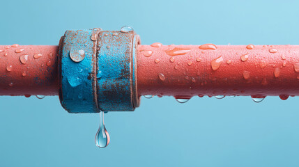 Leaking pipe connector with water droplets on rusty blue metal clamp and red pipe against light blue background, showing close up detail and wet texture