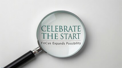 Magnifying glass with celebrate the start message and focus expands possibility text