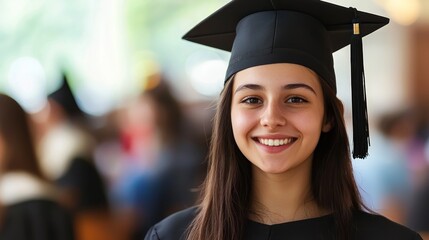 A young woman in a graduation cap and gown, smiling at the camera.
