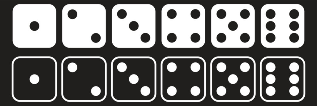 Dice icon set with all six faces in black color in outline style. Ludo game dice symbols in outline style. Set of six sides of a dice icon in black color. Dice icon concept vector illustration