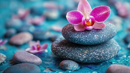 A pink orchid flower with purple petals and a green stem, placed on a stack of three black stones on a blue background with scattered purple petals.