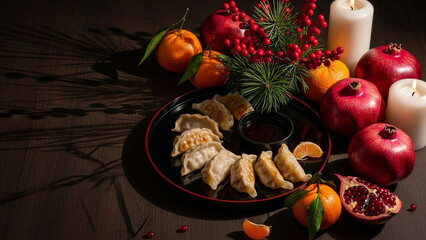 Fototapeta premium Dumplings served on black plate with pomegranate and candles 