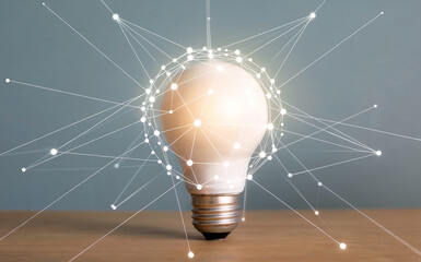 Glowing Lightbulb with Digital Network Connection for Innovation Concept