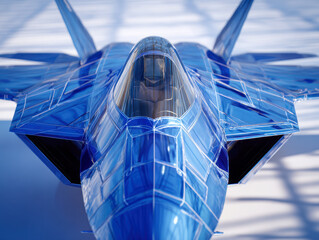 Transparent futuristic blue fighter jet with sleek aerodynamic design and visible internal cockpit details showcased in high-tech aviation concept image