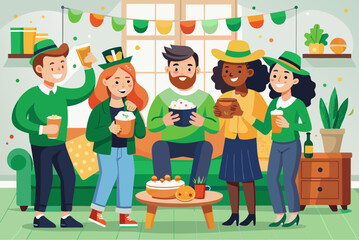 Group of friends celebrating St. Patrick's Day at home with drinks, snacks, festive hats and green outfits in cozy living room