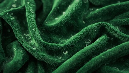 A close-up view of a green fabric with water droplets on it