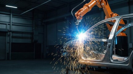 Automated manufacturing process with bright sparks and blue welding light. High-tech assembly line in a modern industrial workshop. Smart factory automation.