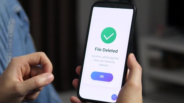 This close up shows a user promptly deleting an image with a single tap and receiving clear confirmation. It symbolizes control over one's digital space, intentional organization, and letting go of