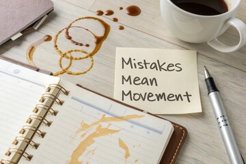 Spilled coffee on planner with note about mistakes meaning movement