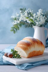 sliced almond bread roll with powder on top and chestnut nuts, placed on a white marble board, on a table with a blue background